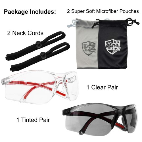 Safety Glasses Eye Protection - Comfort Eyewear - 2 Pair, 2 Neck Cords, 2 Cases - SuperLite and SuperClear Lens Technology, Z87.1 - CE 166 Certified