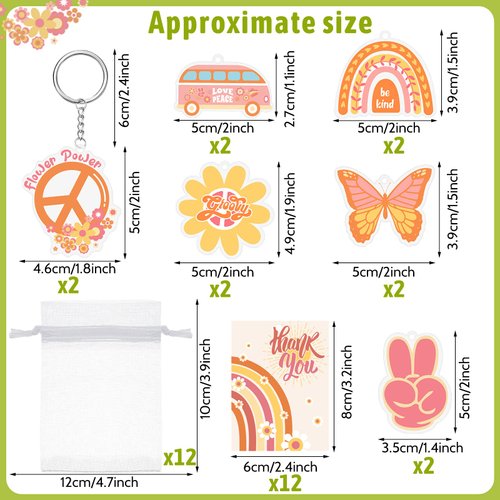 12 Sets Boho Groovy Party Favors with Boho Keychains Boho Birthday Tags Decoration Thank You Tags and Organza Bags for Bohemian Themed Birthday Party Baby Shower Wedding Party Decoration Supplies