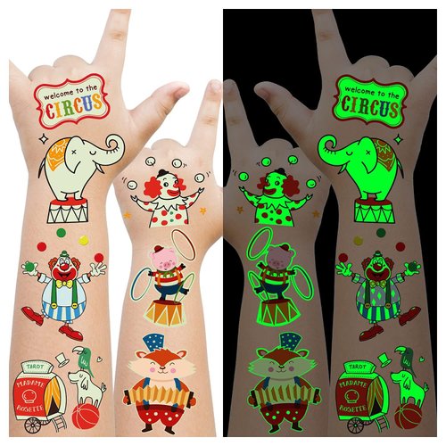 Cerlaza Luminous Circus Temporary Tattoos for Kids, Circus Carnival Theme Party Decorations Favors for Girls and Boys, Carnival Games Prizes Party Supplies Accessories -38 Styles