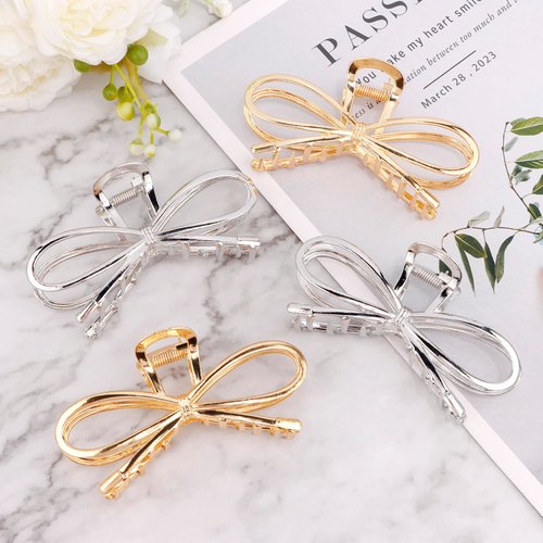 Vovii 4Pcs Metal Bow Hair Claw Clips for Women, Hair Claw Clips with Bows for Thin Thick Hair, Bow Shaped Claw Clip Cute Claw Clips for Women Hair Accessories (Gold, Sliver)