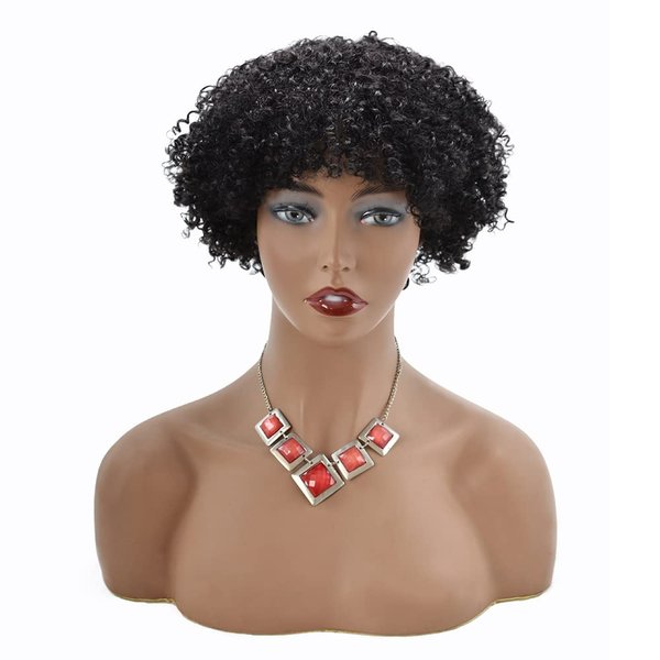 Afro Kinky Curly Full Cap Wig For Black Women Short Afro Wavy Full Wig Hair Premium Brazilian Short Human Hair Bouncy Lightweight Soft Hair Replacement System None Lace Front Glueless Hairpiece African American Women Full Wigs (MIKO, 1B# OFF BLACK)