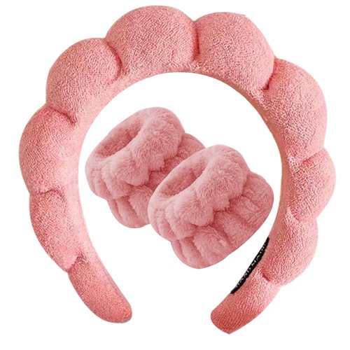 Beleki Spa Headband for Washing and Wristband Set Sponge Headband for Women Makeup Skincare Face Wash Headband Puffy Headwear Non Slip Thick Hair Accessory for Women & Girls