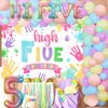 Hi Five Birthday Party Decorations for Girls, 5th Birthday Decorations Happy Birthday Backdrop Pastel Balloons Garland Arch Kit Iridescent Hi Five Number 5 Foil Balloon for Girl Birthday Party