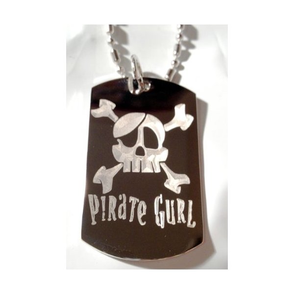 Pirate Gurl Girl Skull Cross Bones Eye Patch Logo Symbols - Military Dog Tag Luggage Tag Key Chain Metal Chain Necklace