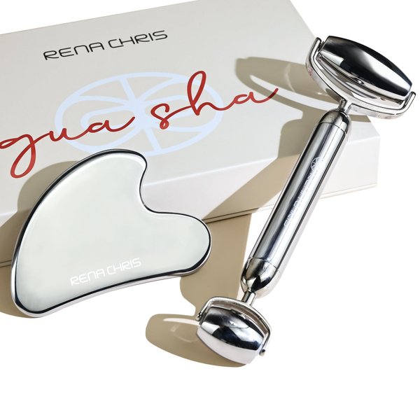 Rena Chris Gua Sha Facial Tool & Face Roller Set, Metal Guasha Tool and Facial Roller [Premium Stainless Steel] Face Massager Tools Suitable for Skin Care Daily Routine, Puffiness, Body Massage