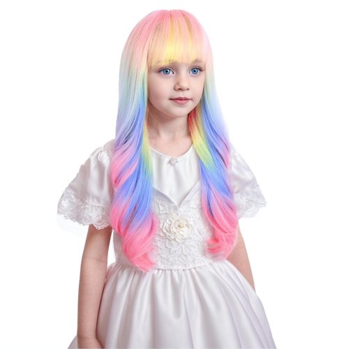 Ufindcos Rainbow Wig for Kids Long Colorful Wig Long Wavy Curly Child Wig Multi-color Wig for Girls with Bangs 22 inches Synthetic Wig with Wig Cap
