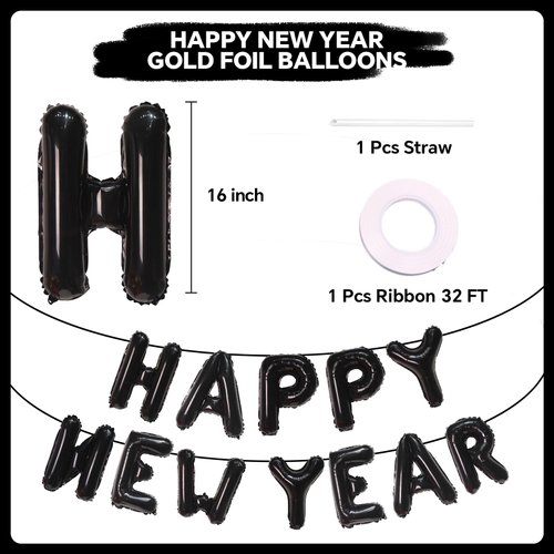 Black Happy New Year Balloons, 16 Inch Happy New Year Foil Letter Balloons, 2025 New Years Decorations for New Years Eve Party Supplies 2025 New Years Eve Décor