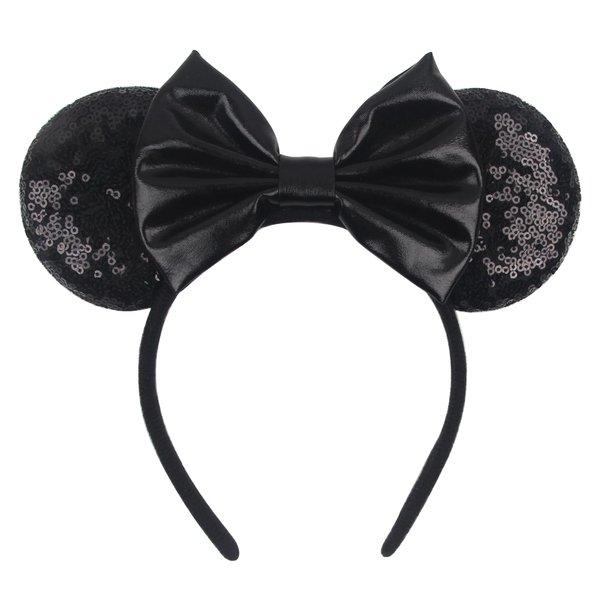 bianbaistar 1Pk Mouse Ears Headband for Women Velvet Hair Bow Black Headwear for Girls & Boys - Sparkle Sequins Hair Bands with Big Mouse Ears Essencial Accessories for Trip (Black Bow)