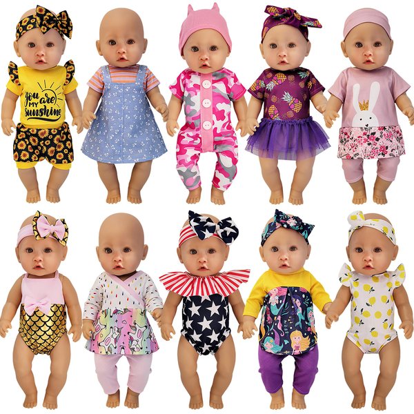 Windolls 10 Sets 14-16 Inch Baby Doll Clothes Dress Outfits Headbands Accessories fits New Born 43cm Baby Doll, 15 inch Baby Doll, 18 Inch Doll