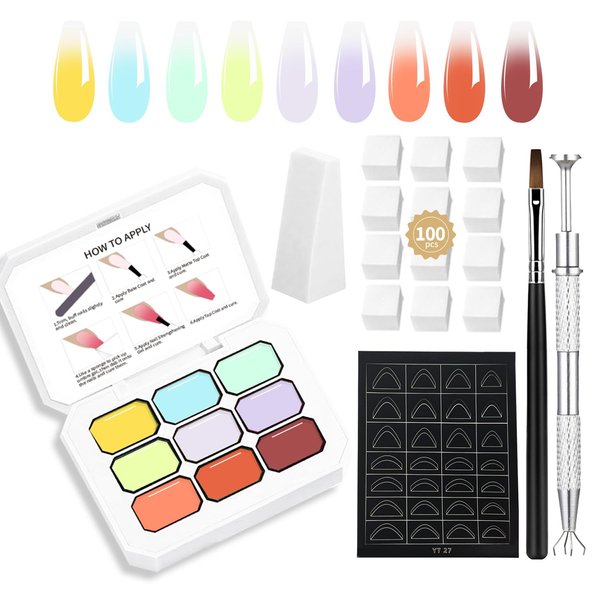 AOBOO Gentle Color Gradient Painting Gel 9 Colors Ombre Gel Paired With 100PCS Nail Sponges & Grabbing Pen, Soft And Easy To Shoot, Even Beginners DIY Nail Can Handle Ombre Gel Nail Polish Ombre (5)