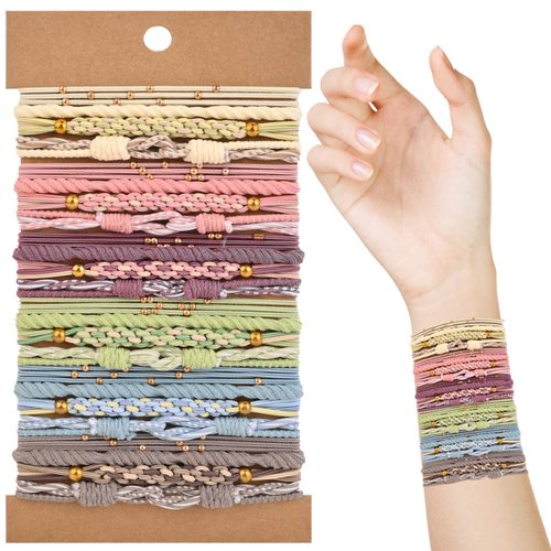 24 PCS Boho Hair Ties, Hair Tie Bracelets for Women, Braided Hair Ties for Thick and Thin Hair, 4 Styles 2.4'' Cute Hair Bands for Ponytail Holders, No Damage Hair Ties for Girls (Light Color)