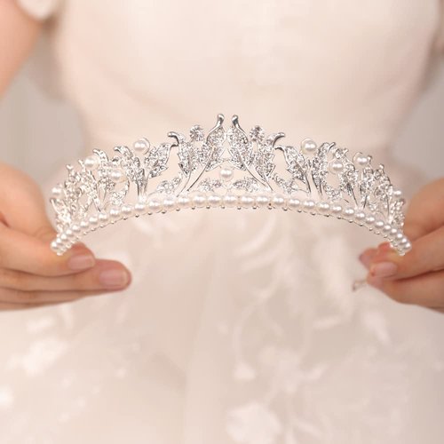 JWICOS Pearl Tiara Crown for Women Silver Queen Crown for Girls Princess Tiara Headband for Prom Pageant Party Birthday Gifts Halloween Costume Bridal Wedding Tiara for Brides and Bridesmaid (Silver)