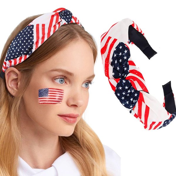 Outyua 4th of July Patriotic American Flag Knotted Headband Independence Day Red White and Blue Hairband USA Star Outfits Hair Accessories for Women Girls