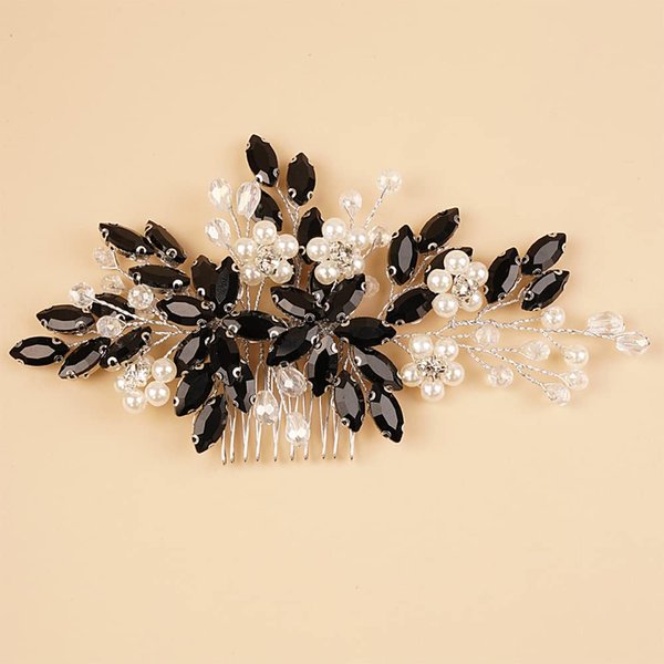 BERYUAN Wedding Pearls Crystal Rhinestone Hair Comb Pearls Crystal Flowers Bride Headpiece Black Crystal Pearls Wedding Hair Accessories Handmade Wedding Hairband for Wedding Women and Girls (black)