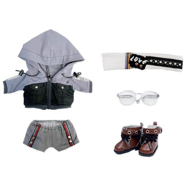 niannyyhouse 15cm 20cm Plush Doll Clothes Cool Set Denim Hoodie Pants Headwear Glasses Shoes Soft Stuffed Plush Toy Dress Up (Grey, 15cm)