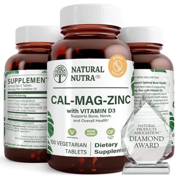 Natural Nutra Calcium Magnesium Zinc Supplement with Vitamin D3 for Bone Strength, Improve Muscle, Support Bone Health, Gluten Free and Sugar-Free, Essential Mineral Complex 100 Count (Pack of 2)