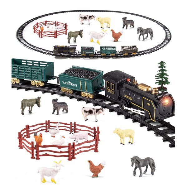 Farm Animals Toy Train Set Cargo Transport with Electric Locomotive with Light & Sound, Includes 12 Animal Figures & Accessories, Cake Toppers Stocking Stuffers Gift for Toddlers Boys & Girls Ages 3-5