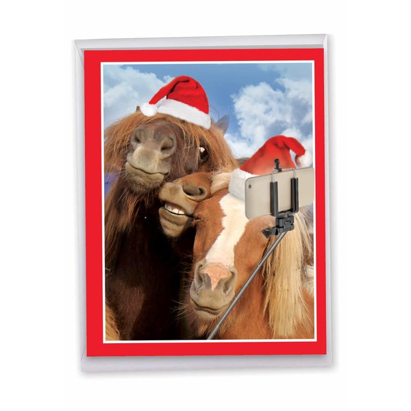 The Best Card Company - Jumbo Funny Christmas Greeting Card (8.5 x 11 Inch) - Fun Animal Card for Kids, Big Group Card - Animal Selfies Horses J2373BXSG