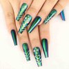 Outyua Rhinstone Super Long Fake Nails Coffin Green Press on Nails Glossy Ballerina Acrylic False Nails with Designs Artificial Full Cover Extra Long Nails for Women and Girls 24Pcs (Green Crystal)
