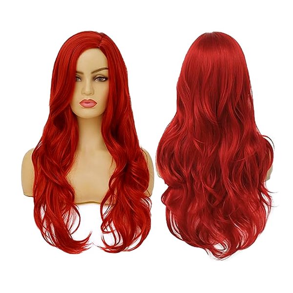 Swiking Red Wavy Wigs for Women Cury Wave Bright Red Side Part Synthetic Wigs for Halloween Cosplay Costume Use
