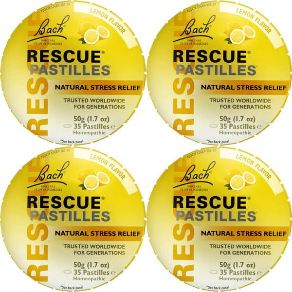 Bach Rescue Pastilles, Lemon Flavor, Natural Stress Relief Lozenges, Homeopathic Flower Essence, Vegetarian, Gluten & Sugar-Free, 35 Count, 4 Pack