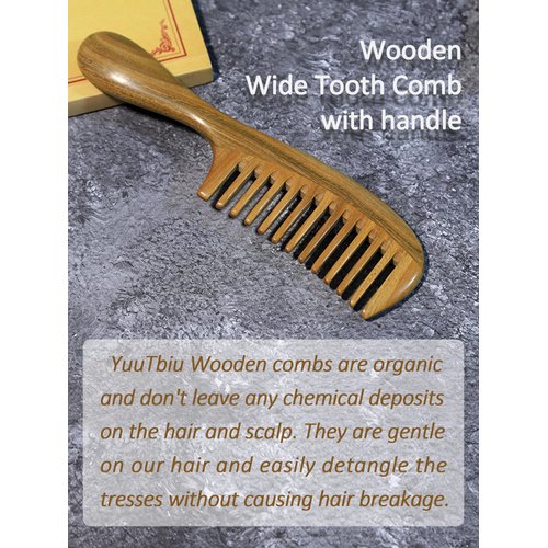 Yuutbiu Wide Tooth Comb for Curly Hair, Wooden Hair Comb with Handle, Green Sandalwood Detangling Comb