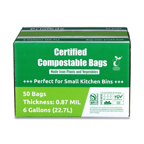 Primode Compostable Bags 6 Gallon Food Scraps Yard Waste Bags, 50 Count, Extra Thick 0.87 Mil. ASTMD6400 Compost Bags Small Kitchen Trash Bags, Certified By BPI And TÜV AUSTRIA