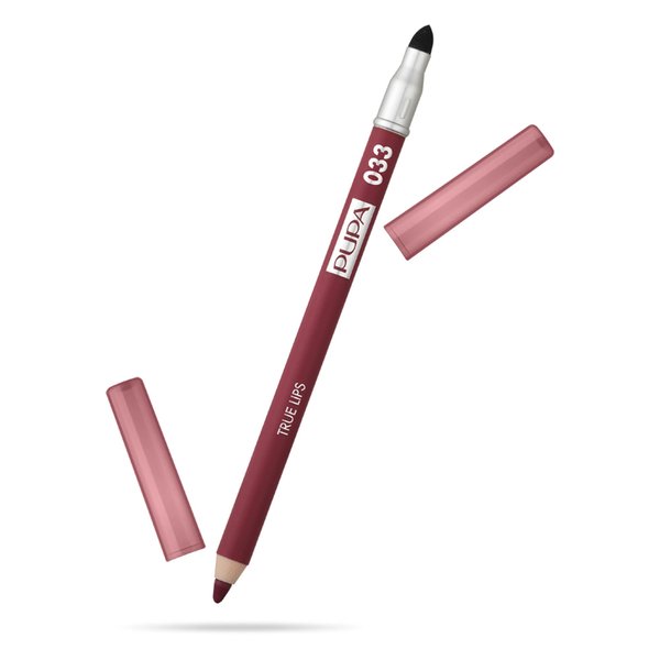 Pupa Milano True Lips Blendable Lip Liner - Dual-Ended Matte Lining Color and Brush - Light and Creamy, Hydrating, High Pigment, Smudge Proof Formula - Paraben Free - 033 Bordeaux - 0.042 oz
