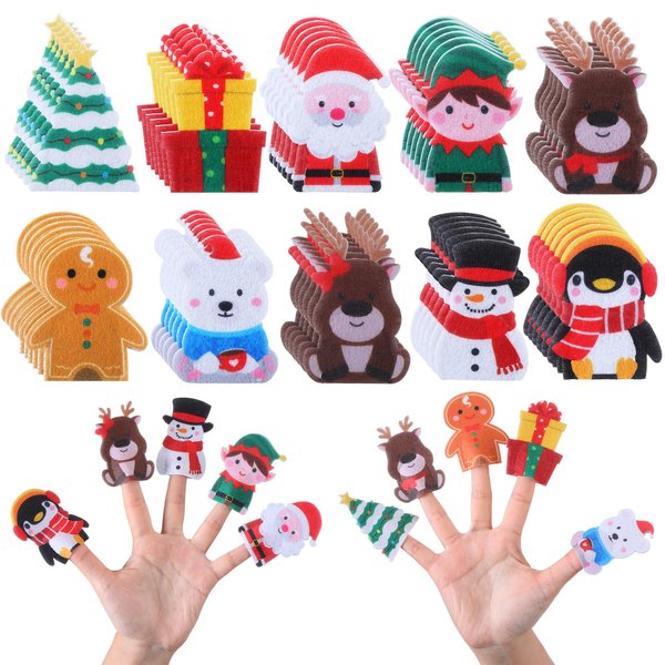 Honoson 60 Pcs Christmas Finger Puppets for Kids Felt Puppets Toys Bulk Elk Santa Claus Snowman Christmas Tree Finger Puppets Xmas Gifts Toys for Toddler Christmas Party Favor Educational Supplies