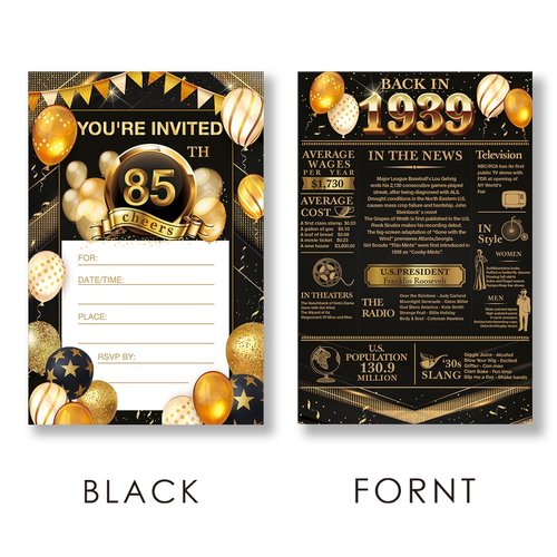 EUDOSI 85th Birthday Party Invitations - Back in 1939 Invites Black and Gold 85 Year Old Birthday Invitations Set for Bday Anniversary (20 Invitations and Envelopes)
