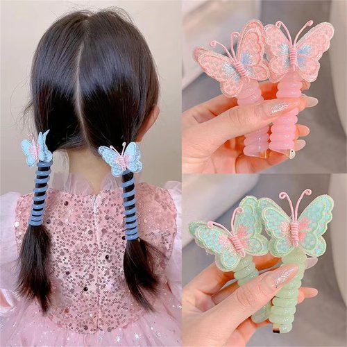6 Pcs Colorful Telephone Wire Hair Bands Butterfly Bowknot Braided Phone Cord Straight Spiral Hair Tie for Women Girl Kids #06