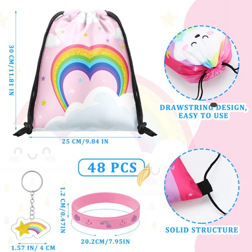 Talltalk 48 Pcs Rainbow Party Favors Includes 16 Rainbow Cloud Pastel Party Drawstring Bag Birthday Goodie Bags 16 Rainbow Cloud Rubber Bracelet 16 Rainbow Keychain for Rainbow Birthday Party Supplies