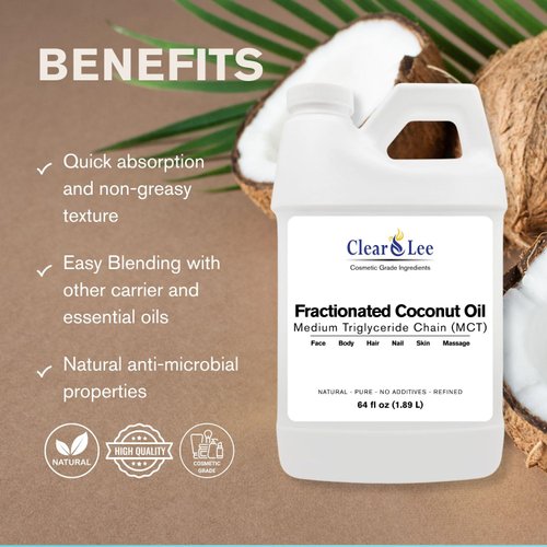 ClearLee Fractionated Coconut Oil MCT - Cosmetic Grade Natural & Pure Oil for Massage, Body, Hair, Skin, Face, Nail, Spa, Aromatherapy Carrier for Essential Oils, Soap Making, Serums & More (64 oz)