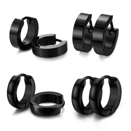 LIEBLICH Huggie Stud Earrings Black Small Hoop Stainless Steel Earrings for Men Women 4 Pairs 2 Styles (Black)