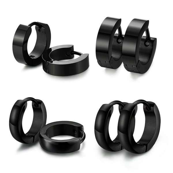 LIEBLICH Huggie Stud Earrings Black Small Hoop Stainless Steel Earrings for Men Women 4 Pairs 2 Styles (Black)