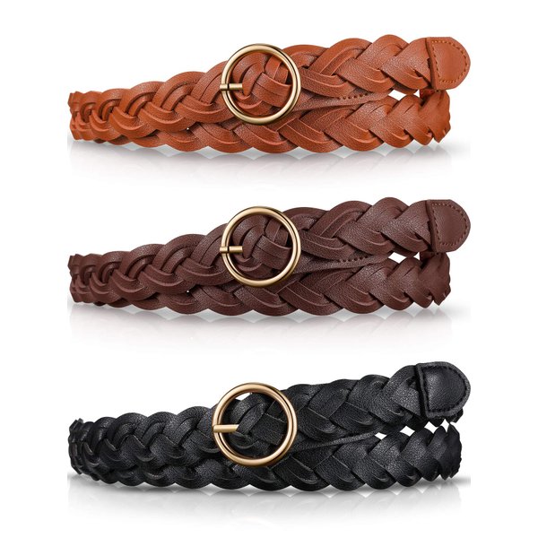 SATINIOR 3 Pieces Women's Braided Leather Belt Skinny Woven Braided Belt O-Ring Buckle Leather Belt for Dress, Jean, Skirt, Pant