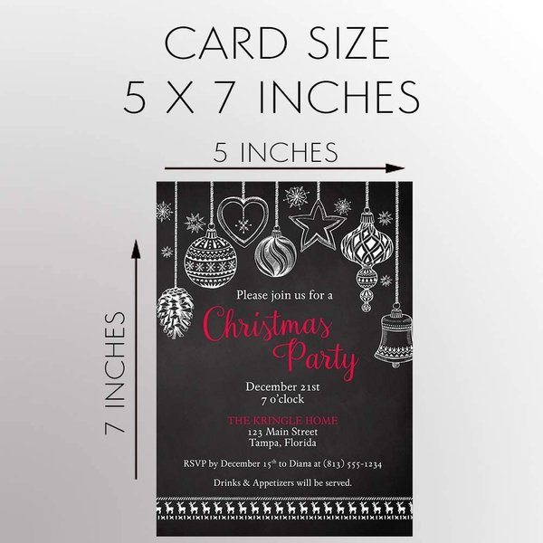 Holiday Party Invitations Christmas Ornament Invites Parties Xmas Chalkboard Snowflakes Ornaments Black Red Rustic Modern Printed Cards (12 count)