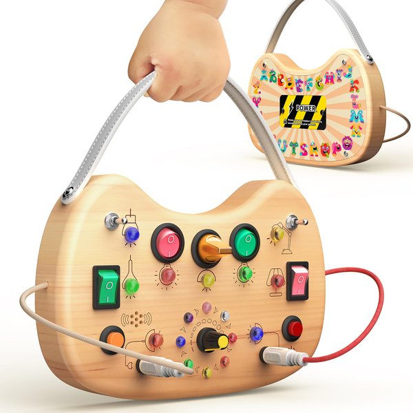 flycoost Montessori Toddler Busy Board Sensory Toys for Toddlers Wooden Autism Sensory Toy, Toddler Switch Board with 17 LED Lights for Kids 1-6 Year Olds to Develop Fine Motor Skills.