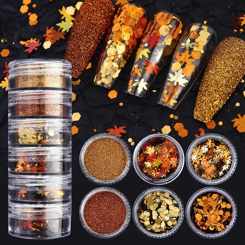 Fall Nail Glitter Sequins, 6 Boxes Holographic Maple Leaf Gold Hexagon Nail Glitter Flakes, Autumn Thanksgiving Fine Nail Glitter Powder Glitter Sequins for Women Manicure Charms Decoration