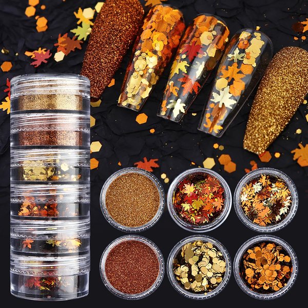 Fall Nail Glitter Sequins, 6 Boxes Holographic Maple Leaf Gold Hexagon Nail Glitter Flakes, Autumn Thanksgiving Fine Nail Glitter Powder Glitter Sequins for Women Manicure Charms Decoration