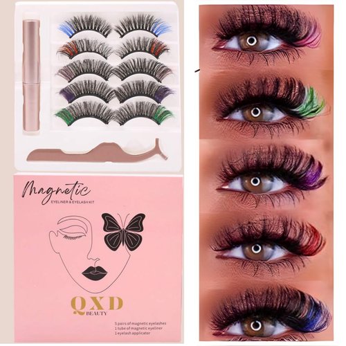Pop-of-Color Magnetic Eyelashes, 5 Dazzling Pairs, Volume Lashes, Easy Apply, Lash Kit, 100 Wears Reuseable by QXD Beauty