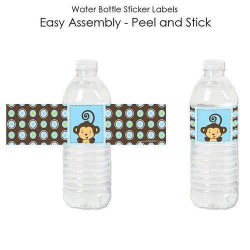 Blue Monkey Boy - Baby Shower or Birthday Party Water Bottle Sticker Labels - Set of 20