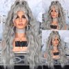 QMSSR Grey Lace Front Wigs Long Loose Wave Hair Gray Wig Heat Resistant Natural Curly Synthetic Lace Front Wigs for Fashion Women