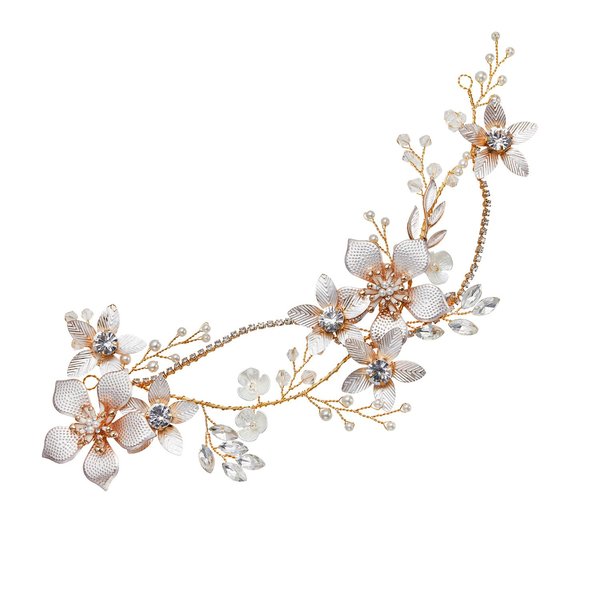 SWEETV Gold Bridal Headpieces for Bride Flower Wedding Headband Hair Vine Crystal Hair Pieces for Women