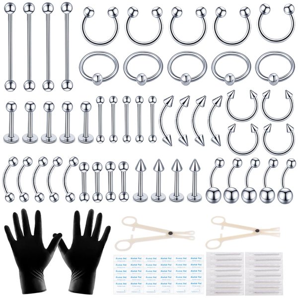LOYAL BOOK 104pcs Piercing Kit 14G16G Belly Button Piercing Kit Septum Piercing Kit Belly Piercing Kit Piercing Kits for all piercings (Stainless steel color)