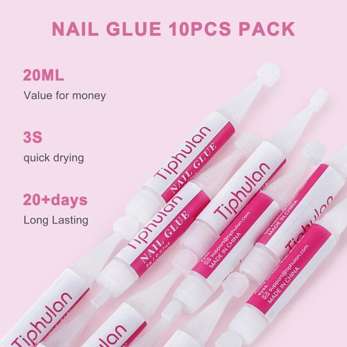 TIPHULAN 10Pcs 20ml Professional Nail Glue for Press On Nails, Nail Tips, Acrylic Nails - Super Strong, Quick-Drying & Long-Lasting, Easy to Open