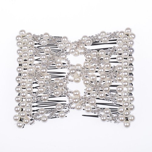 Lovef Easy Comb Easy Magic Hair Comb Stretchy Beaded Hair Comb in Assorted Color Beads with Pearl for Women (White)