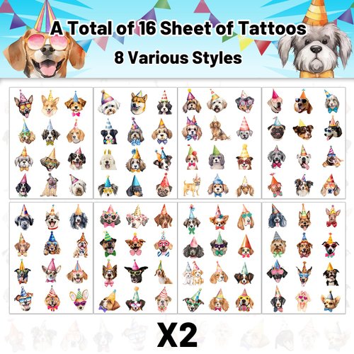 16 Sheets 192PCS Dog Temporary Tattoos Stickers, Dog Puppy Themed Party Favors Supplies Birthday Party Decorations Gifts for Kids Girls Boys Classroom Rewards