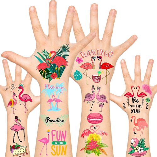 Leesgel 115pcs Hawaiian Luau Flamingo Temporary Tattoos for Kids, Flamingo Party Supplies Favors Decorations, Hawaiian Tropical Pool Beach Tattoo Stickers for Boys Girls