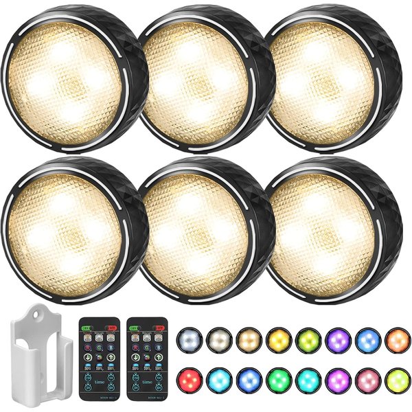 Onumii LED Puck Lights Battery Operated LED Under Cabinet Lighting Wireless Stick on Tap Lights with Remote Controll Color Changing Timer Function for Cabinets, Shelves, Closets - 6Pack Black